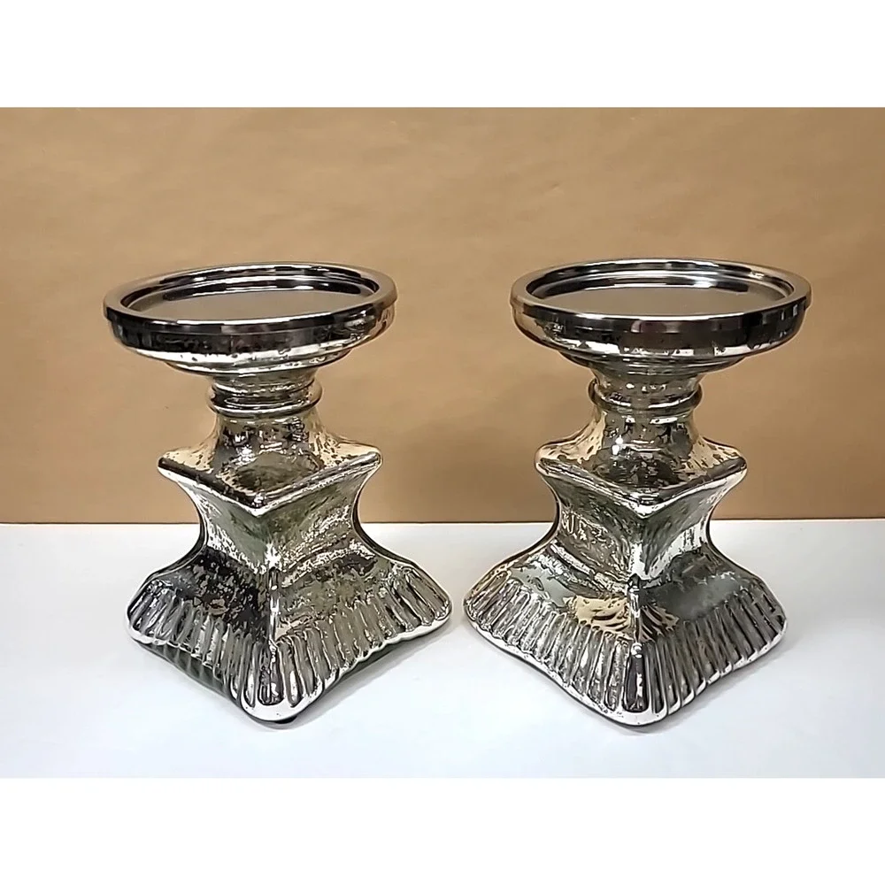 Pair Of Mercury Glass‎ Pillar Candle Holders 7.25” Tall-Square Base